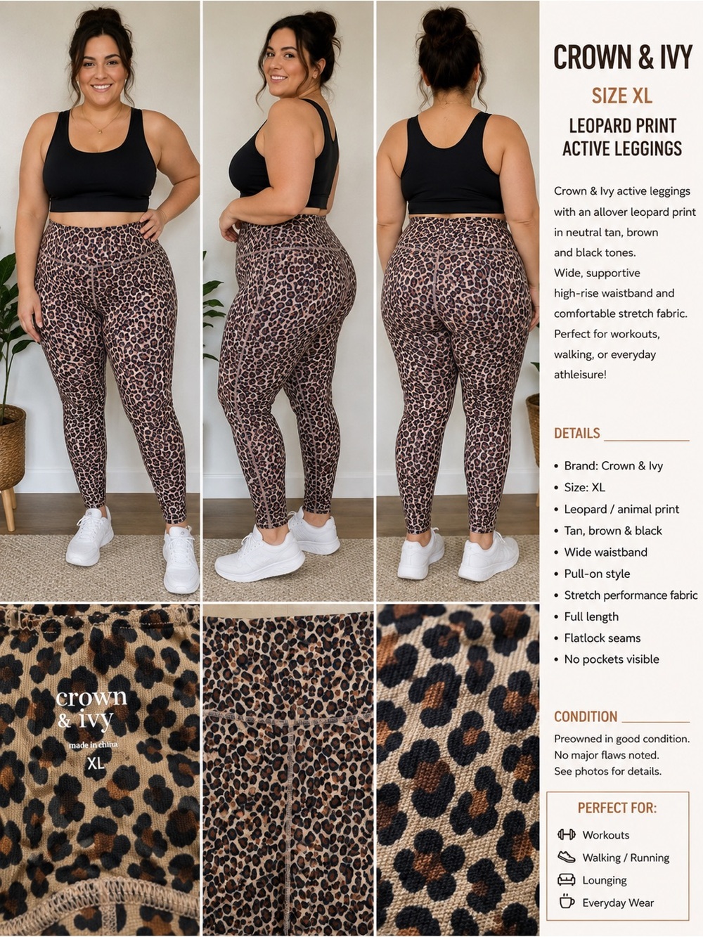 Crown & Ivy XL Leopard Print High Rise Active Leggings Animal Print